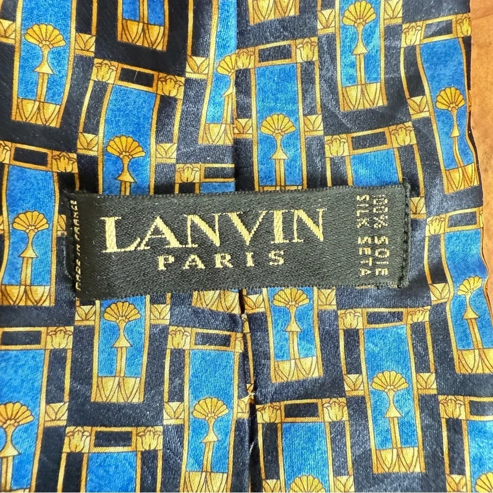 Lanvin Vintage 90s Black Blue and Gold Silk 4” x 56” Tie